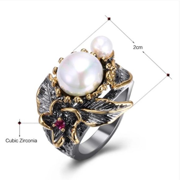 NEW Italian Jewelry Gold Flower Pearl Ring - Picture 5 of 14